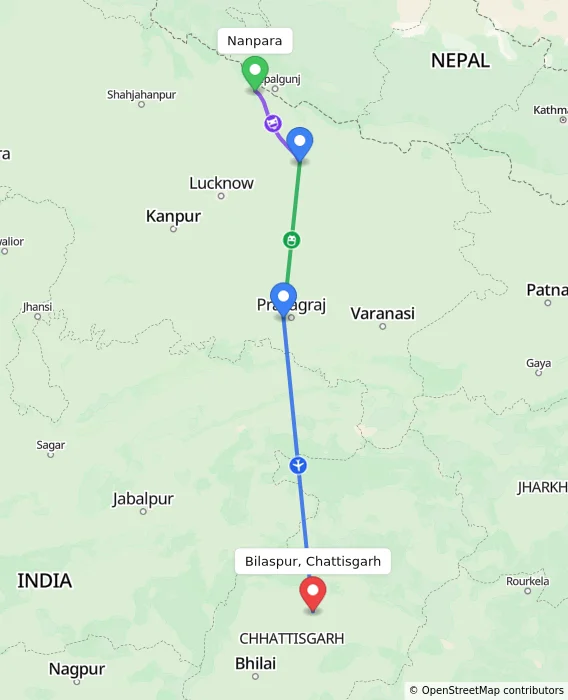Route map showing distance and travel time from Nanpara, India to Bilaspur, Chattisgarh, India