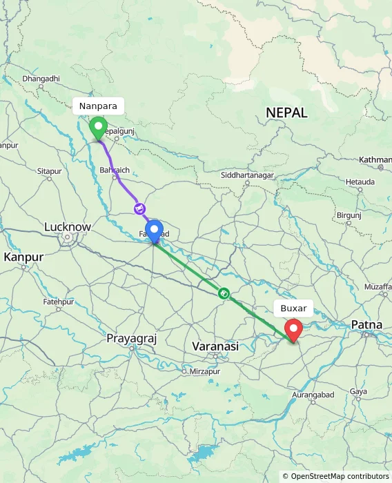 Route map showing distance and travel time from Nanpara, India to Buxar, India