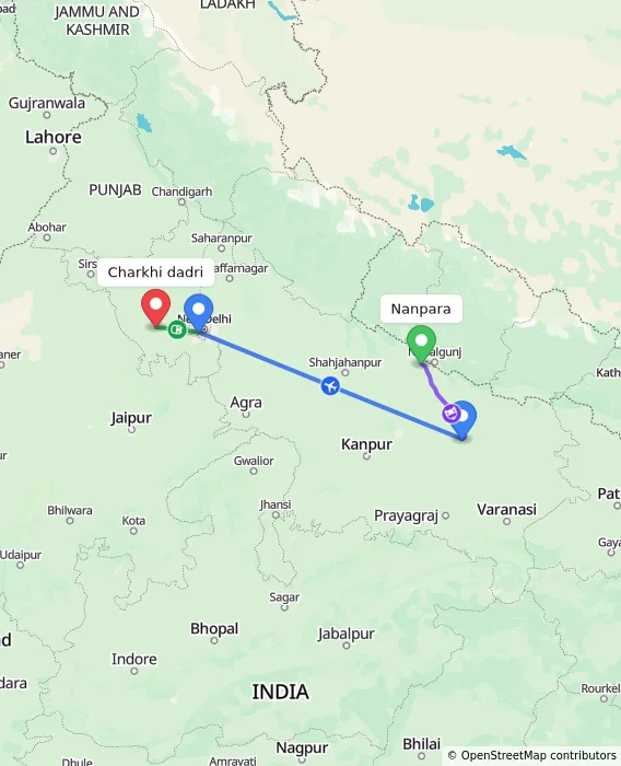 Route map showing distance and travel time from Nanpara, India to Charkhi dadri, India
