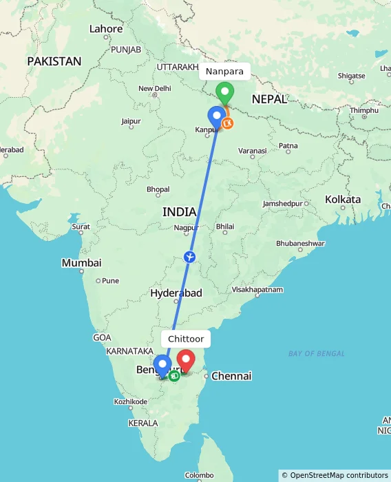 Route map showing distance and travel time from Nanpara, India to Chittoor, India