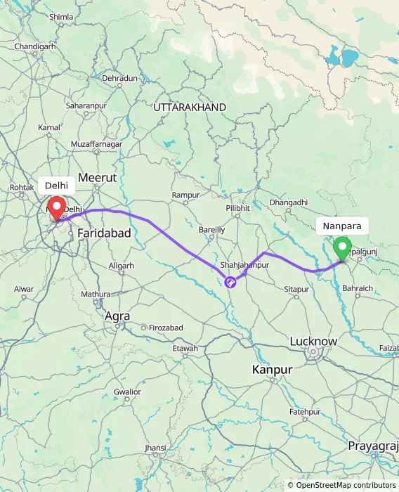 Route map showing distance and travel time from Nanpara, India to Delhi, India