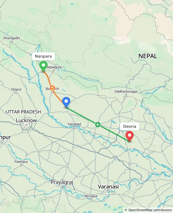 Route map showing distance and travel time from Nanpara, India to Deoria, India