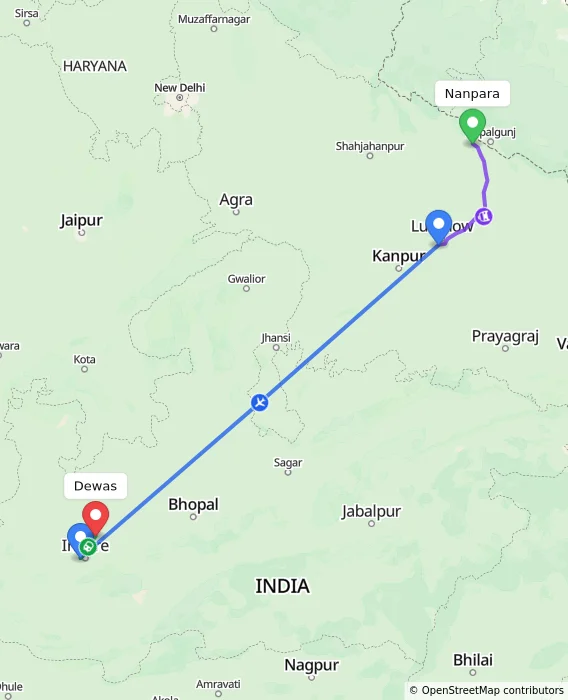 Route map showing distance and travel time from Nanpara, India to Dewas, India