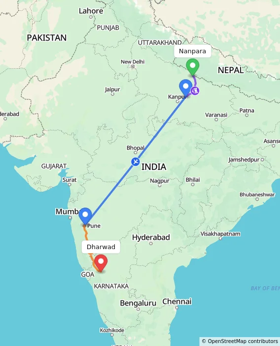 Route map showing distance and travel time from Nanpara, India to Dharwad, India