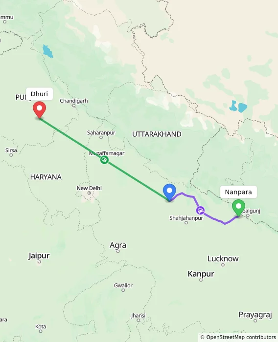 Route map showing distance and travel time from Nanpara, India to Dhuri, India