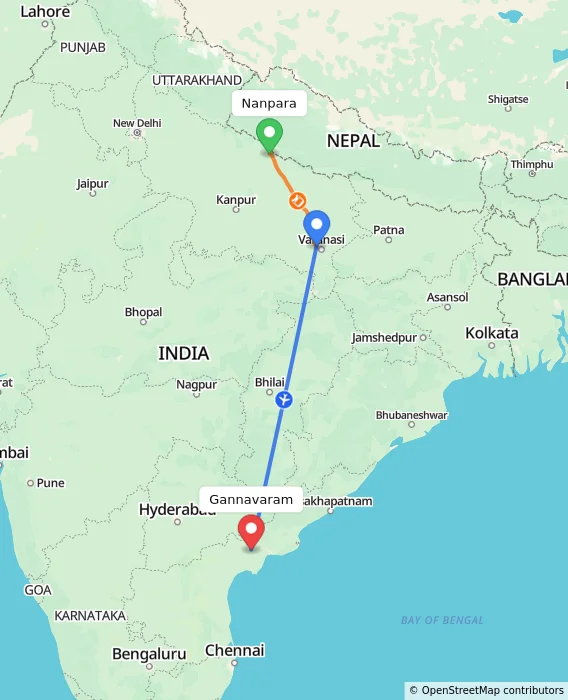 Route map showing distance and travel time from Nanpara, India to Gannavaram, India