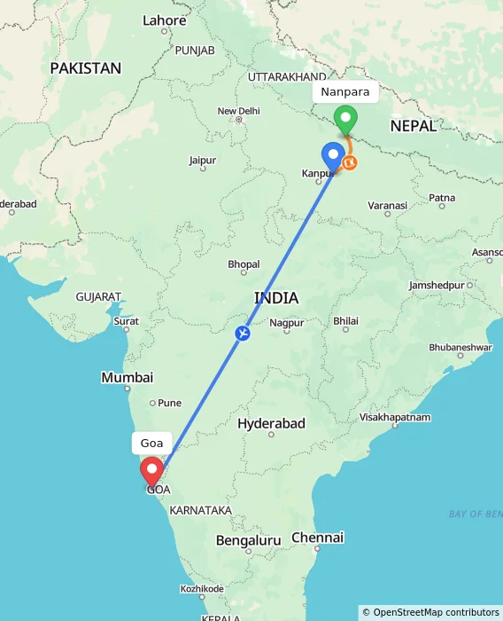 Route map showing distance and travel time from Nanpara, India to Goa, India