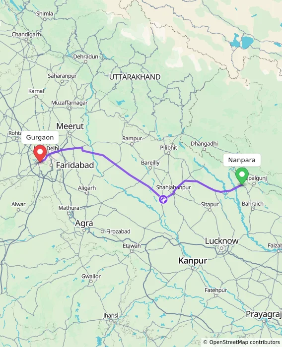Route map showing distance and travel time from Nanpara, India to Gurgaon, India