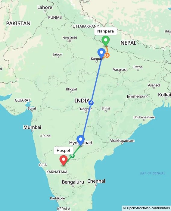 Route map showing distance and travel time from Nanpara, India to Hospet, India