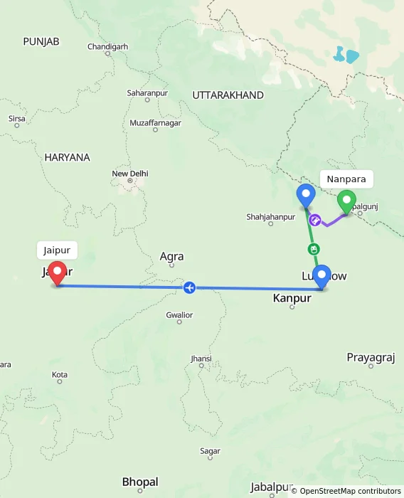 Route map showing distance and travel time from Nanpara, India to Jaipur, India