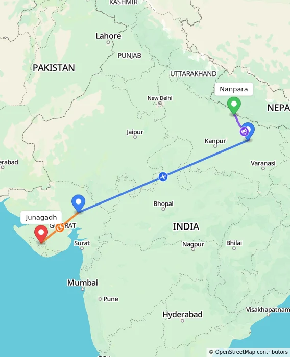 Route map showing distance and travel time from Nanpara, India to Junagadh, India