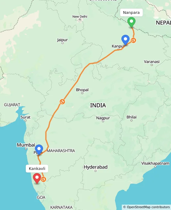 Route map showing distance and travel time from Nanpara, India to Kankavli, India