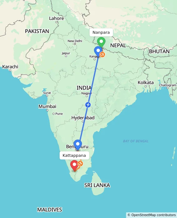 Route map showing distance and travel time from Nanpara, India to Kattappana, India