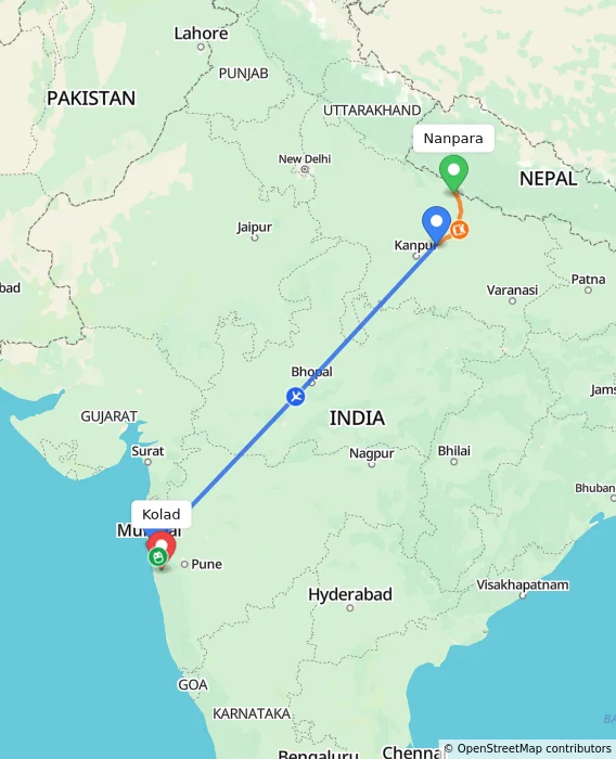 Route map showing distance and travel time from Nanpara, India to Kolad, India