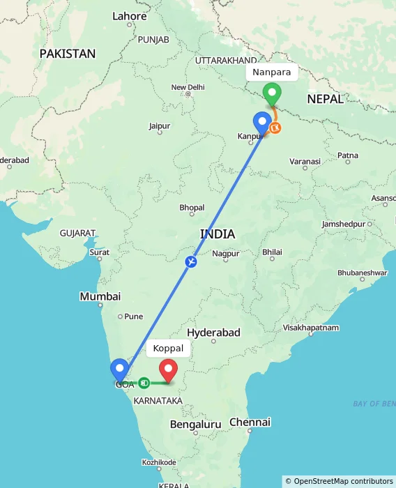 Route map showing distance and travel time from Nanpara, India to Koppal, India