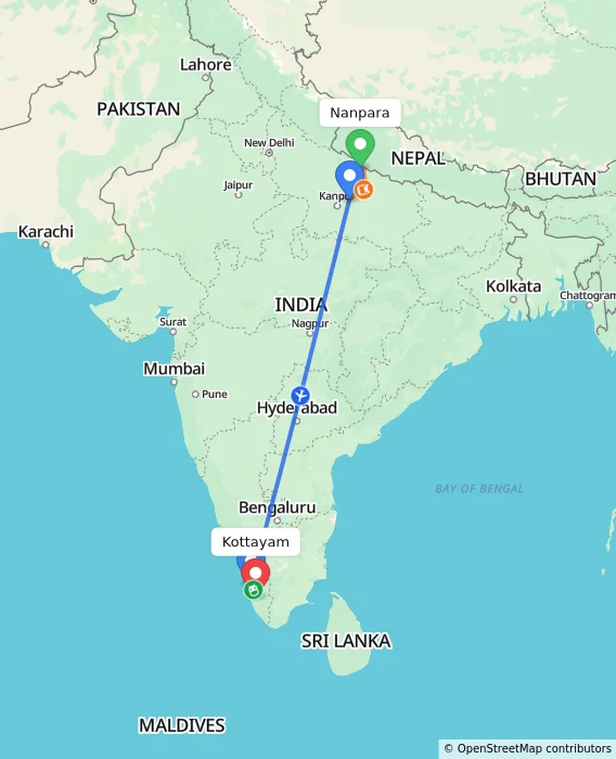 Route map showing distance and travel time from Nanpara, India to Kottayam, India
