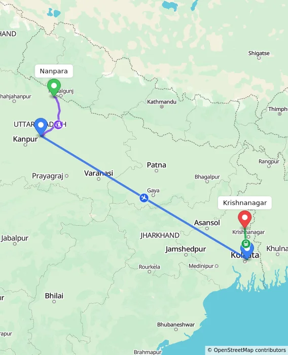 Route map showing distance and travel time from Nanpara, India to Krishnanagar, India