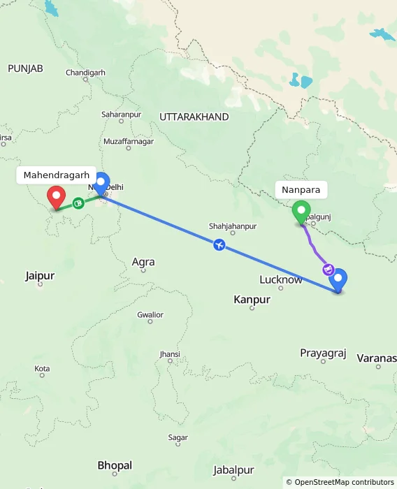 Route map showing distance and travel time from Nanpara, India to Mahendragarh, India