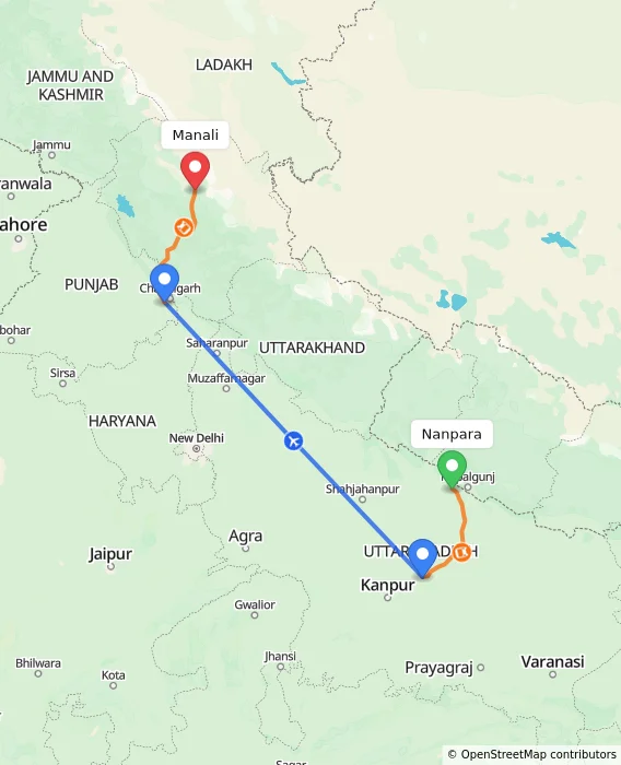 Route map showing distance and travel time from Nanpara, India to Manali, India