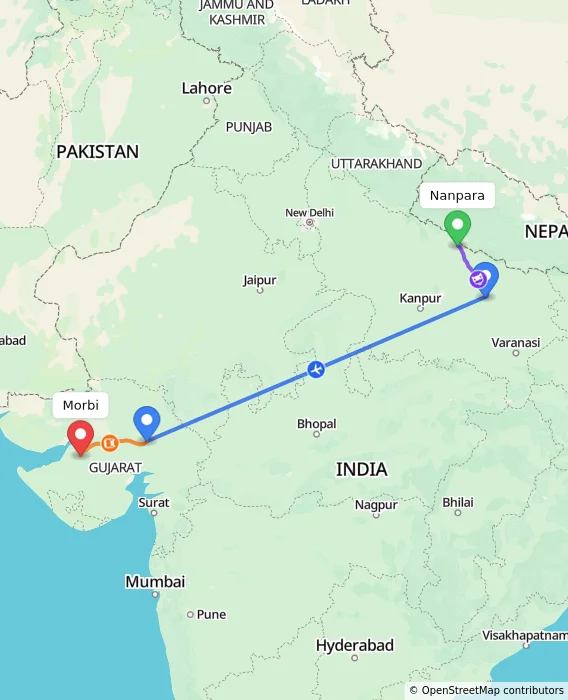 Route map showing distance and travel time from Nanpara, India to Morbi, India