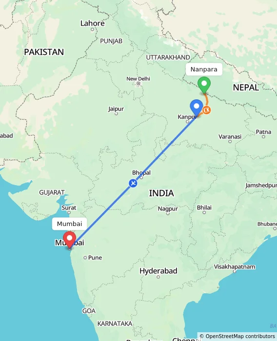 Route map showing distance and travel time from Nanpara, India to Mumbai, India