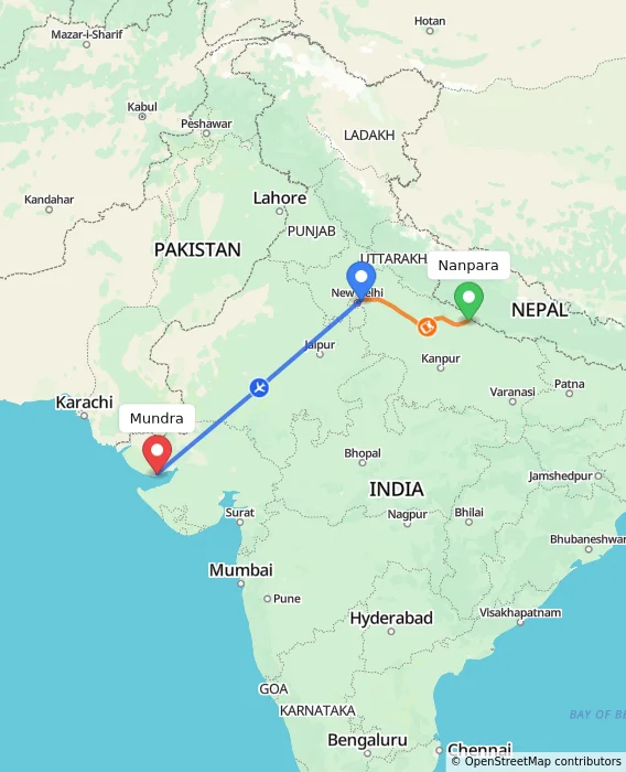 Route map showing distance and travel time from Nanpara, India to Mundra, India