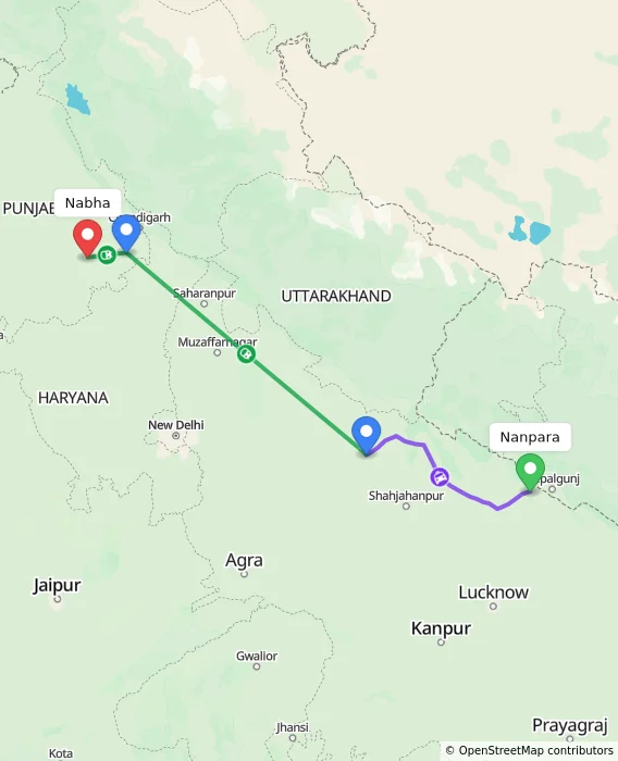 Route map showing distance and travel time from Nanpara, India to Nabha, India