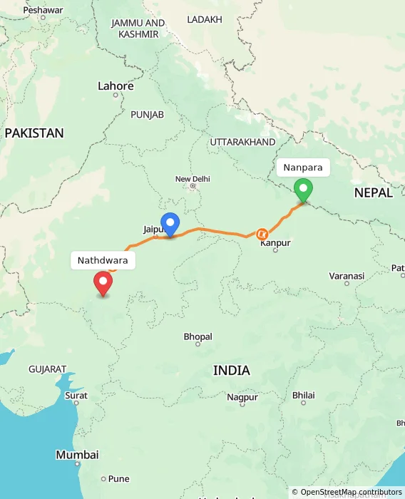 Route map showing distance and travel time from Nanpara, India to Nathdwara, India