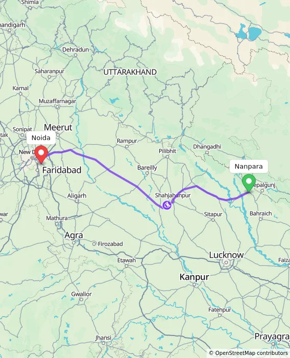 Route map showing distance and travel time from Nanpara, India to Noida, India