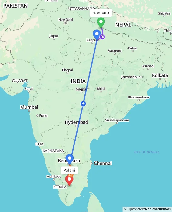 Route map showing distance and travel time from Nanpara, India to Palani, India