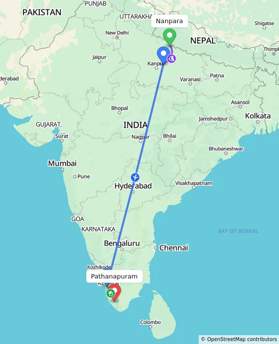 Route map showing distance and travel time from Nanpara, India to Pathanapuram, India