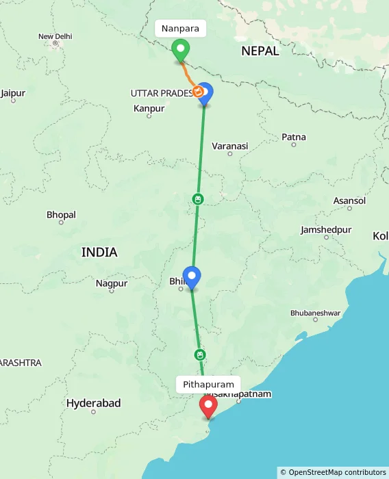 Route map showing distance and travel time from Nanpara, India to Pithapuram, India