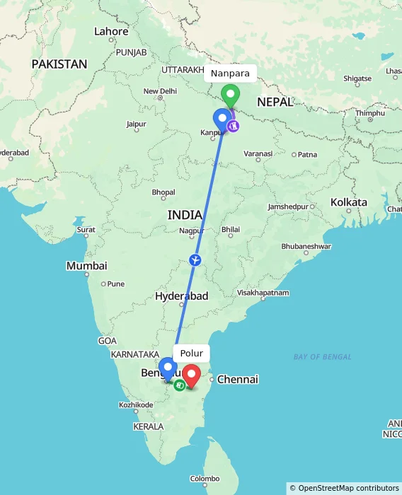 Route map showing distance and travel time from Nanpara, India to Polur, India