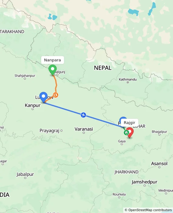 Route map showing distance and travel time from Nanpara, India to Rajgir, India
