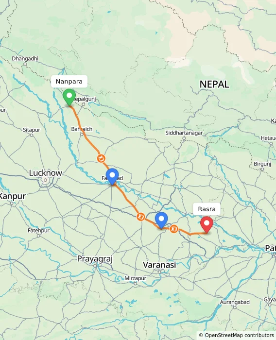 Route map showing distance and travel time from Nanpara, India to Rasra, India