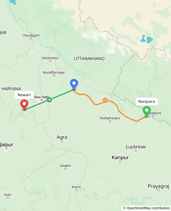 Route map showing distance and travel time from Nanpara, India to Rewari, India