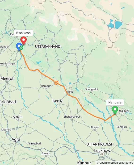 Route map showing distance and travel time from Nanpara, India to Rishikesh, India