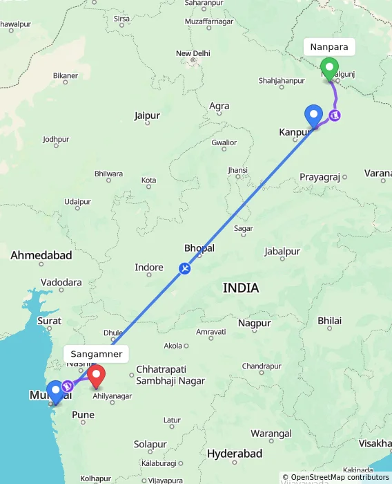 Route map showing distance and travel time from Nanpara, India to Sangamner, India