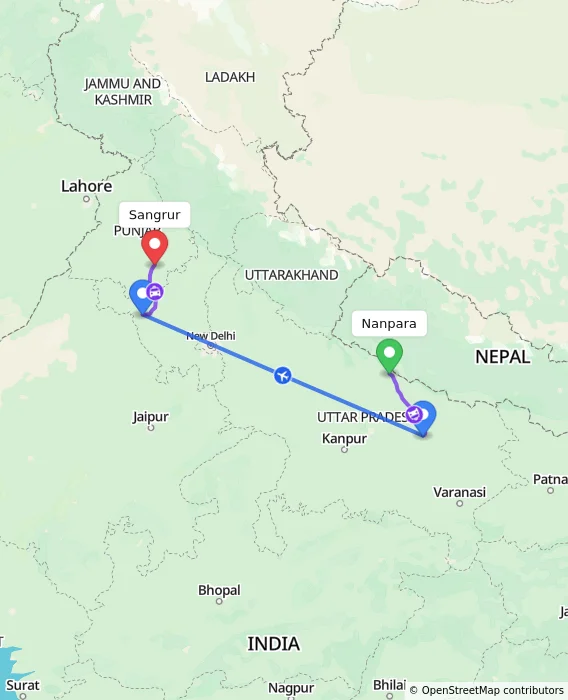 Route map showing distance and travel time from Nanpara, India to Sangrur, India