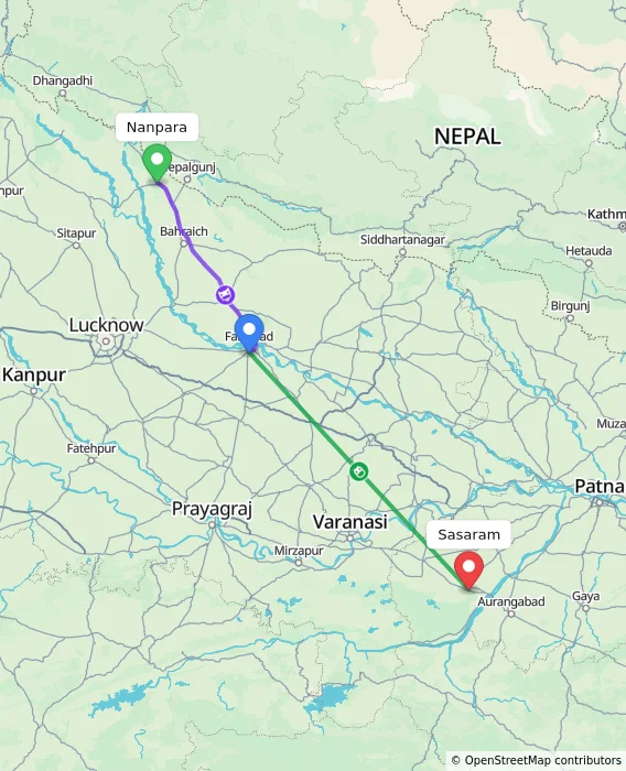 Route map showing distance and travel time from Nanpara, India to Sasaram, India