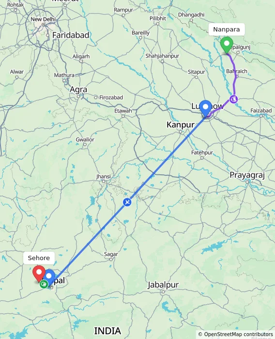 Route map showing distance and travel time from Nanpara, India to Sehore, India