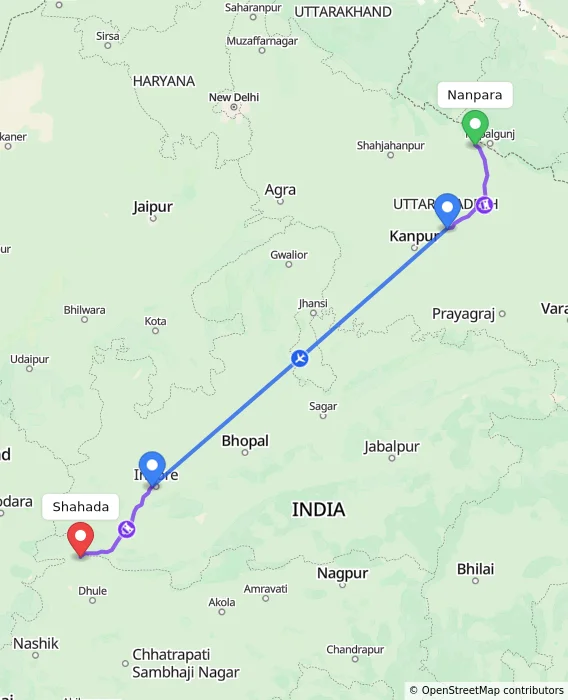 Route map showing distance and travel time from Nanpara, India to Shahada, India