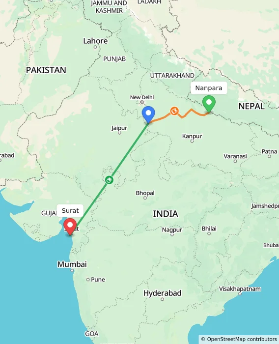 Route map showing distance and travel time from Nanpara, India to Surat, India