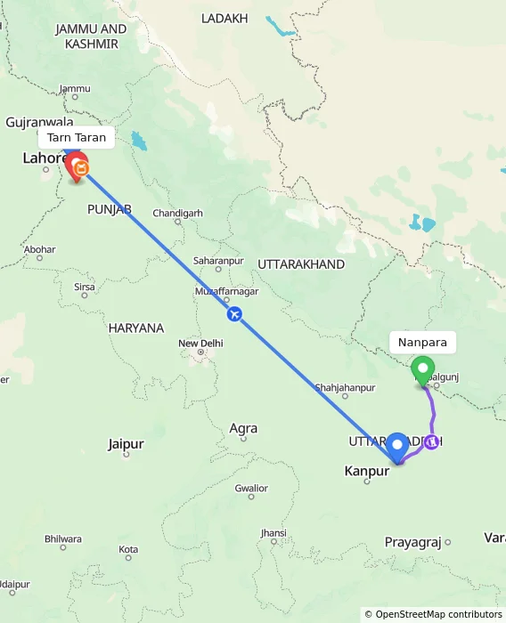 Route map showing distance and travel time from Nanpara, India to Tarn Taran, India