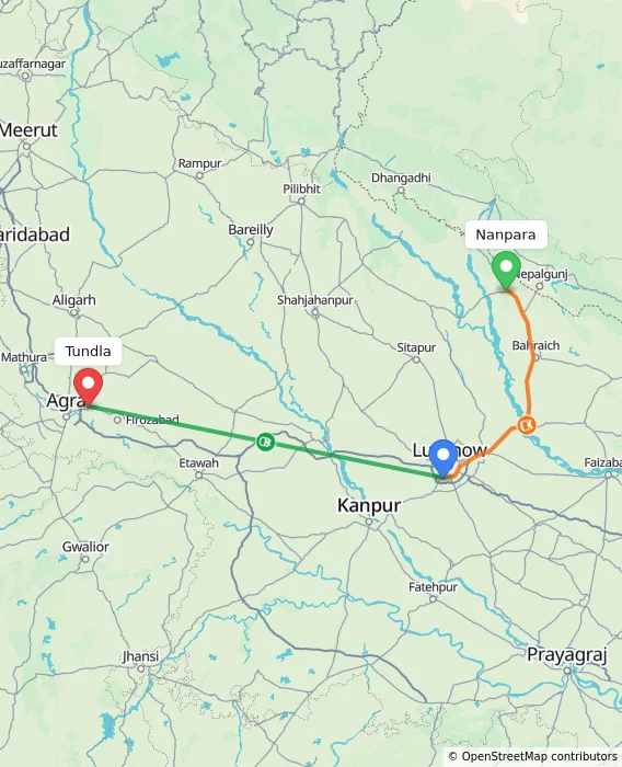 Route map showing distance and travel time from Nanpara, India to Tundla, India