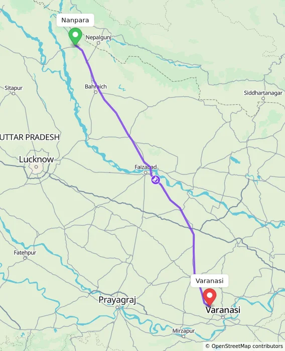 Route map showing distance and travel time from Nanpara, India to Varanasi, India