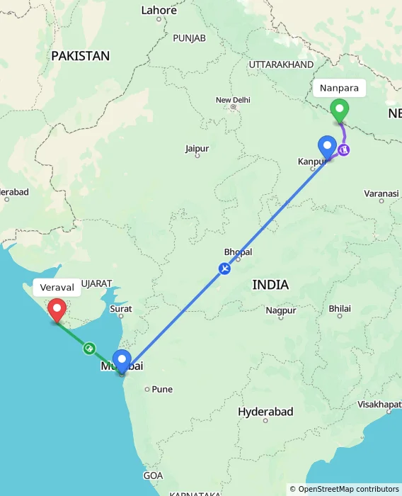 Route map showing distance and travel time from Nanpara, India to Veraval, India