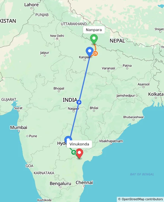 Route map showing distance and travel time from Nanpara, India to Vinukonda, India