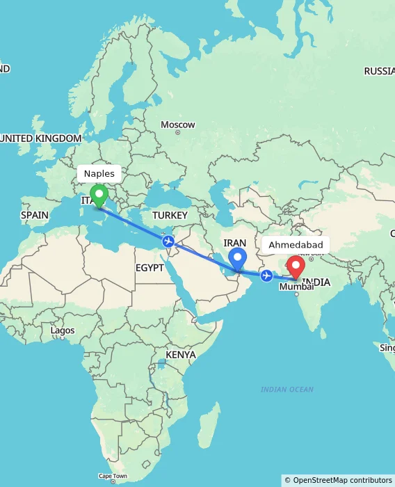 Route map showing distance and travel time from Naples, Italy to Ahmedabad, India
