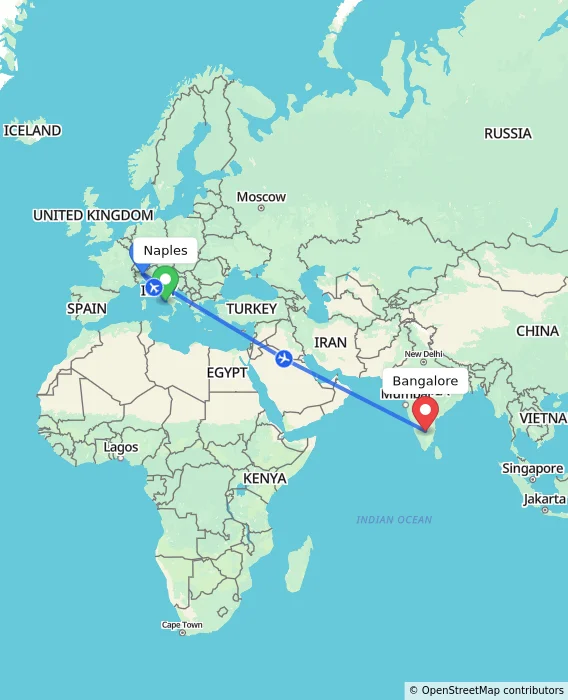 Route map showing distance and travel time from Naples, Italy to Bangalore, India